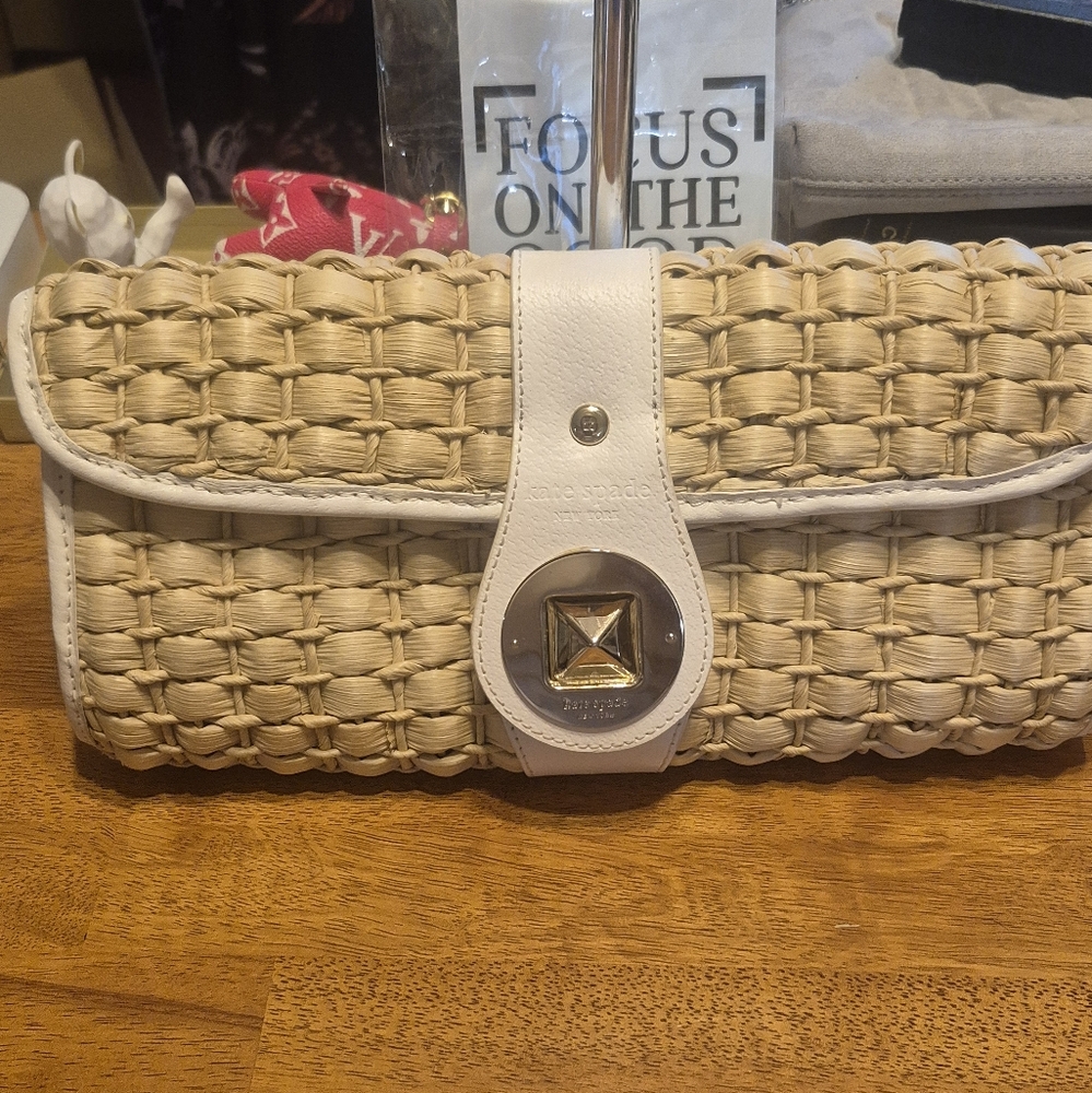 Kate Spade Tan and White Woven Clutch